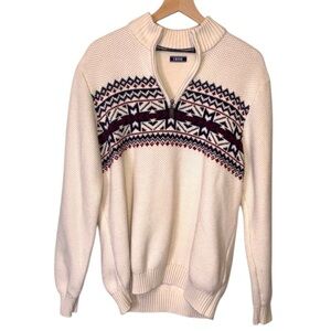 Izod Cream and Blue Nordic Zip Up Sweater L Large